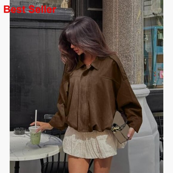 Faux Suede Bomber Jacket with Lapel Collar and Dolman Sleeves - Picture 4 of 7